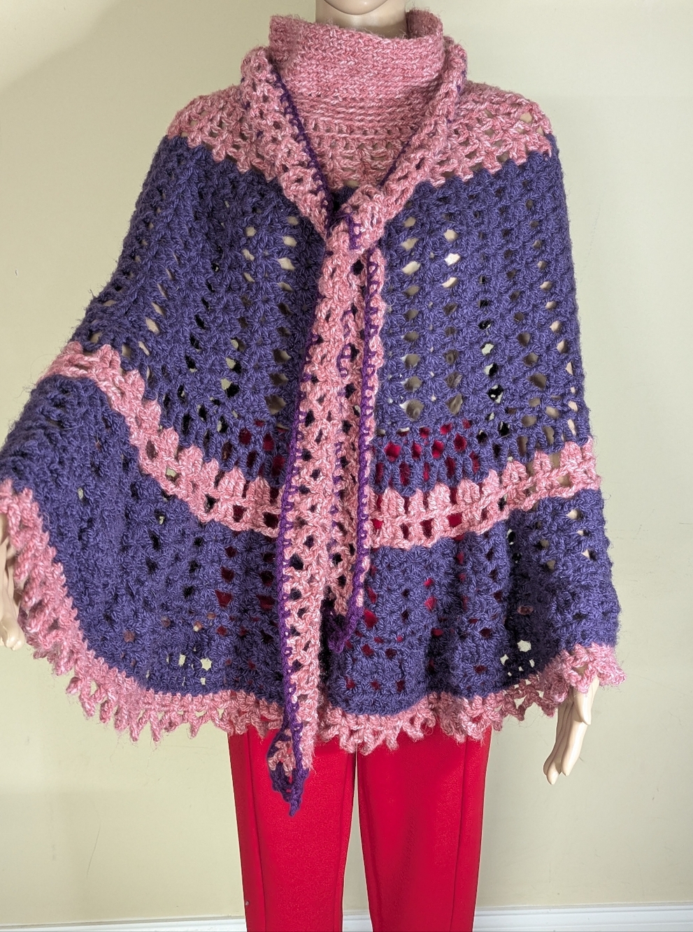 Handcrafted Purple and Pink Crochet Boho Poncho OSFM